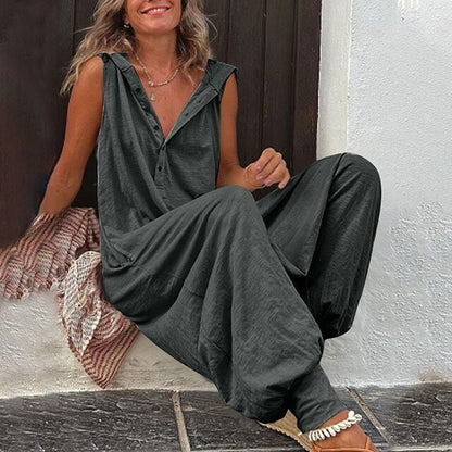 Sleeveless Hooded Jumpsuit With Button Placket - Rosemarie