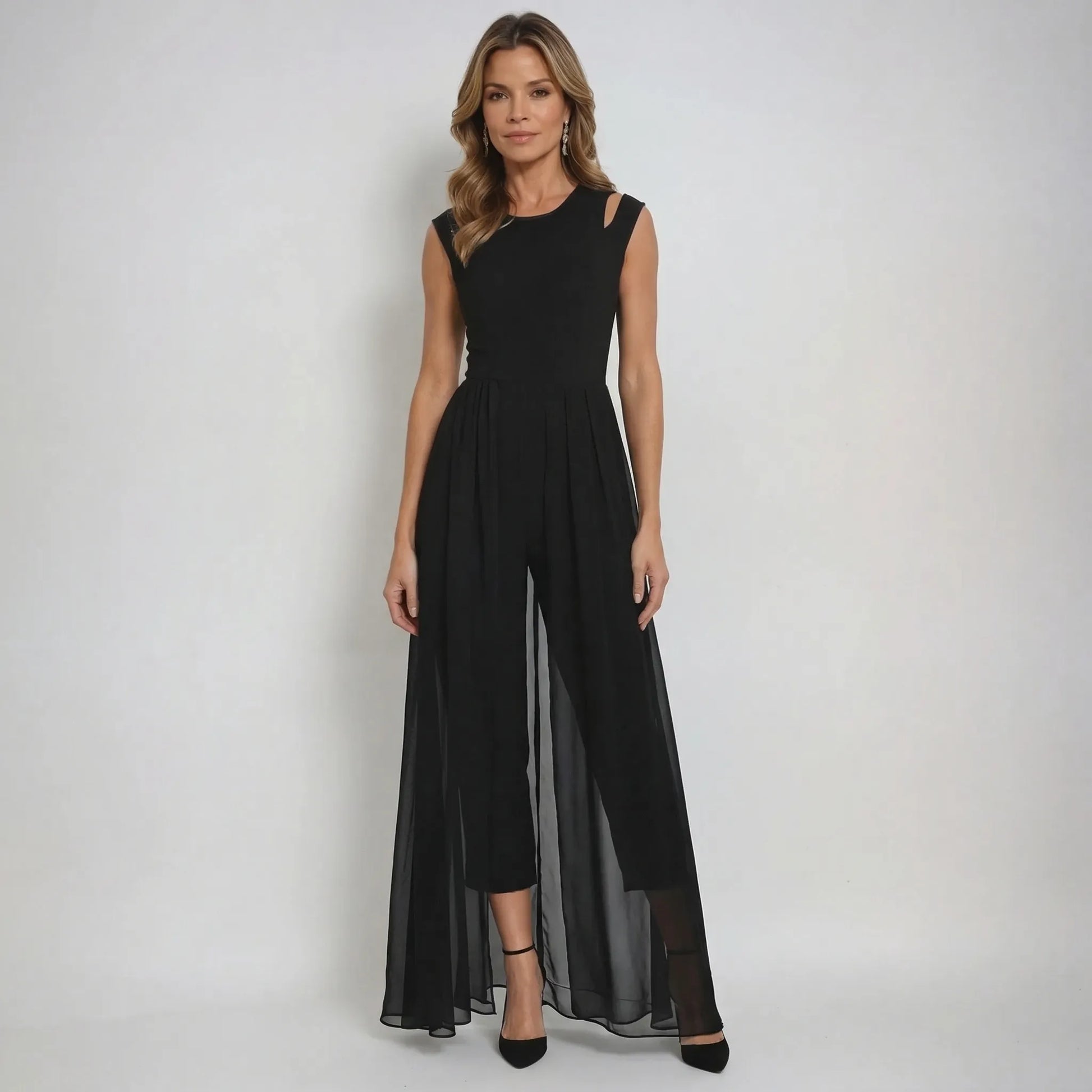 Sleeveless Jumpsuit With Sheer Overlay Skirt - Elvira