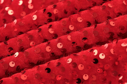 Extreme close-up of the red sequins stitched onto soft, plush ribbed velvet fabric 10