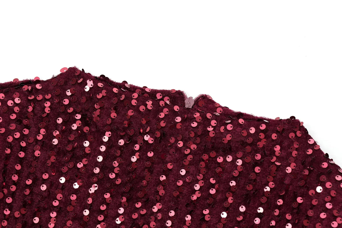 Close-up of the burgundy dress's back neckline, showing the small zip and scattered sequins 13