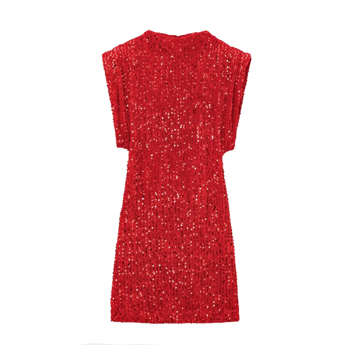 Front view of the red sequinned mini dress, laid flat on a white background 15