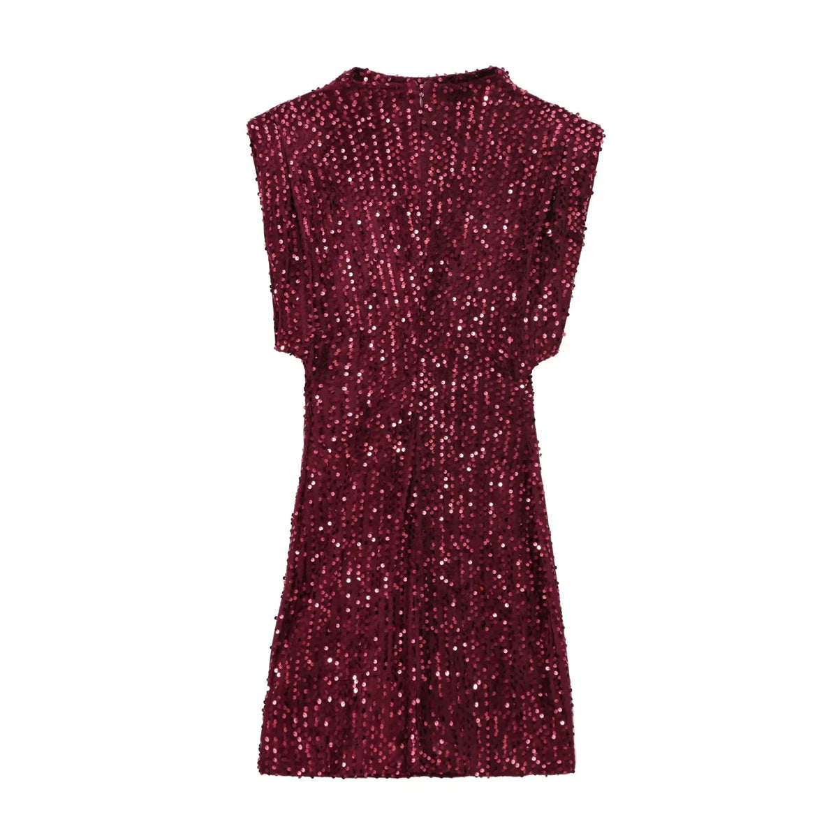 Back view of the burgundy sequinned mini dress with a zip fastening at the neckline 7
