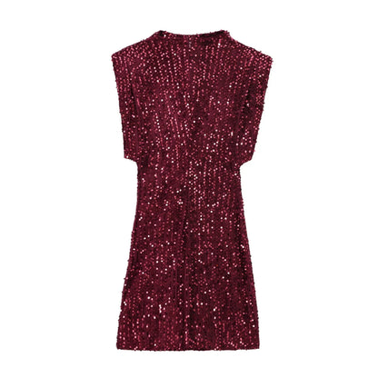 Back view of the burgundy sequinned mini dress with a zip fastening at the neckline 7
