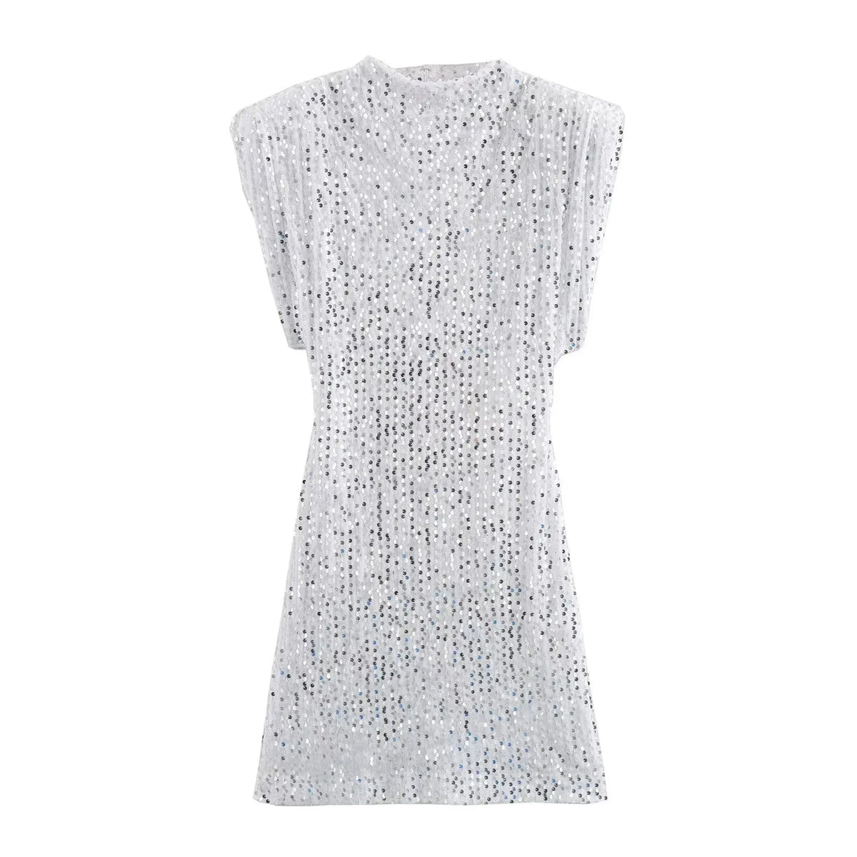 Front view of the white sequinned mini dress with structured shoulders on a white background 8