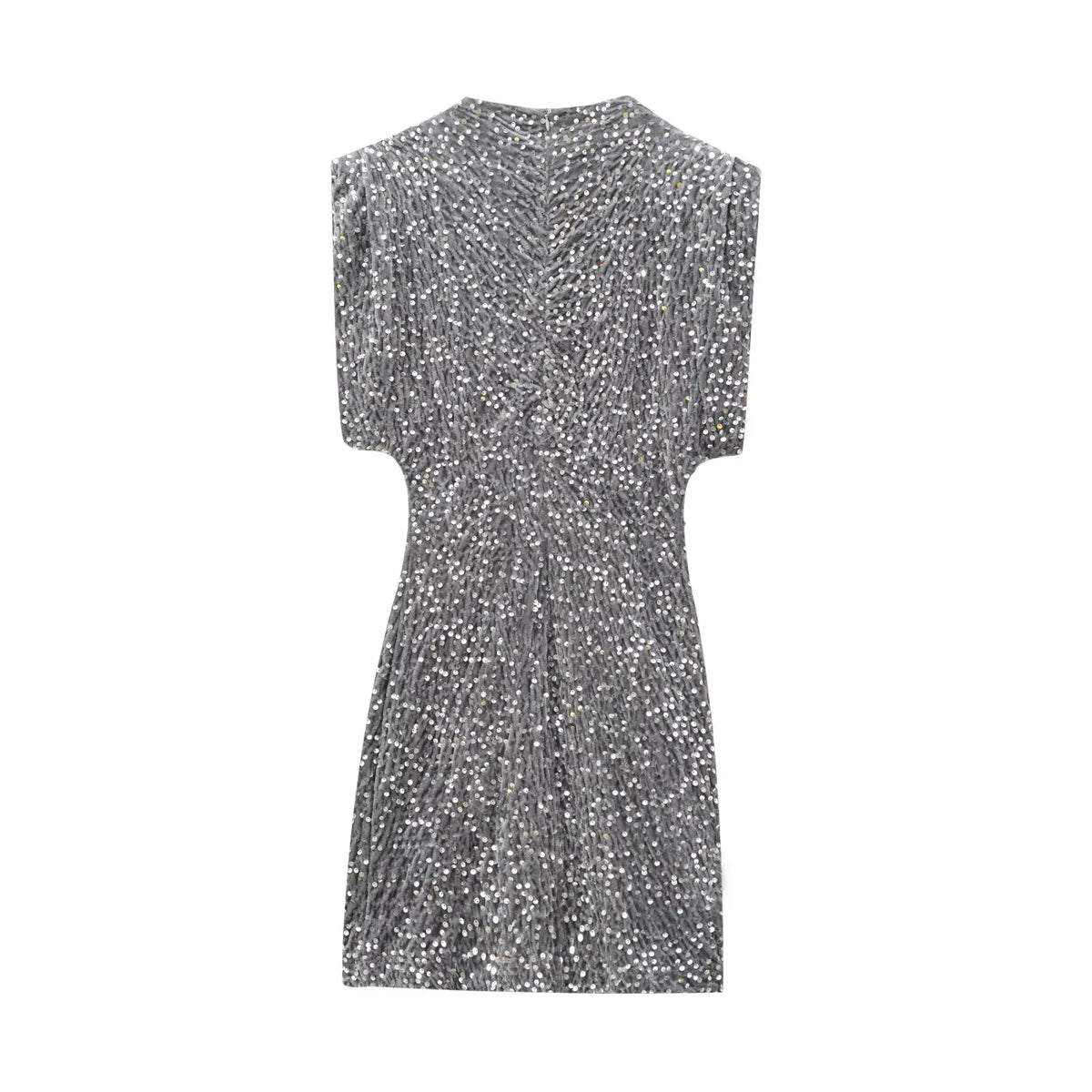 Back view of the grey sequinned mini dress, laid flat with a zip at the neck 9