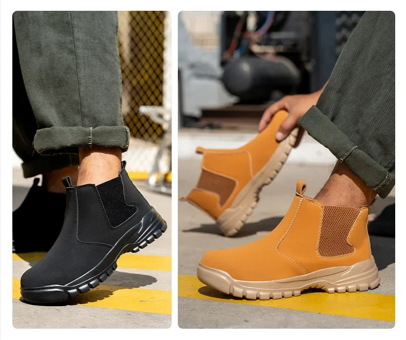 Side-by-side photos of the black boots and the tan boots being worn on site 10