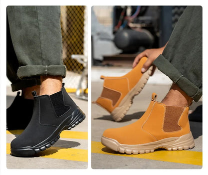 Side-by-side photos of the black boots and the tan boots being worn on site 10