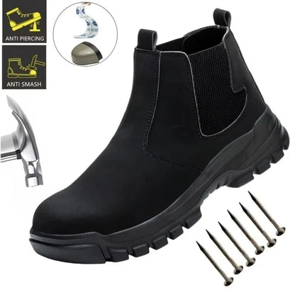 Black slip-on boot with icons and a hammer and nails illustrating crush and puncture protection 2