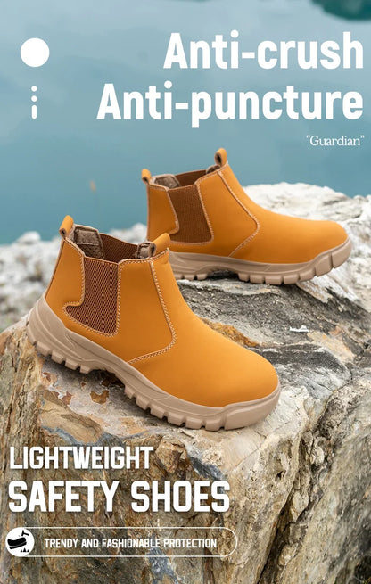 Pair of tan slip-on boots on a rock above blue water, with safety feature captions 4