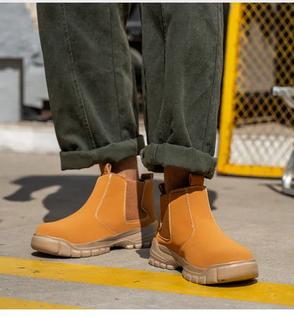 Model standing in tan elastic-sided boots with beige soles, near a yellow mesh fence 7