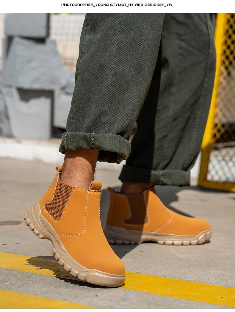 Model walking in tan slip-on boots, one foot forward, showing the deep treaded sole 8