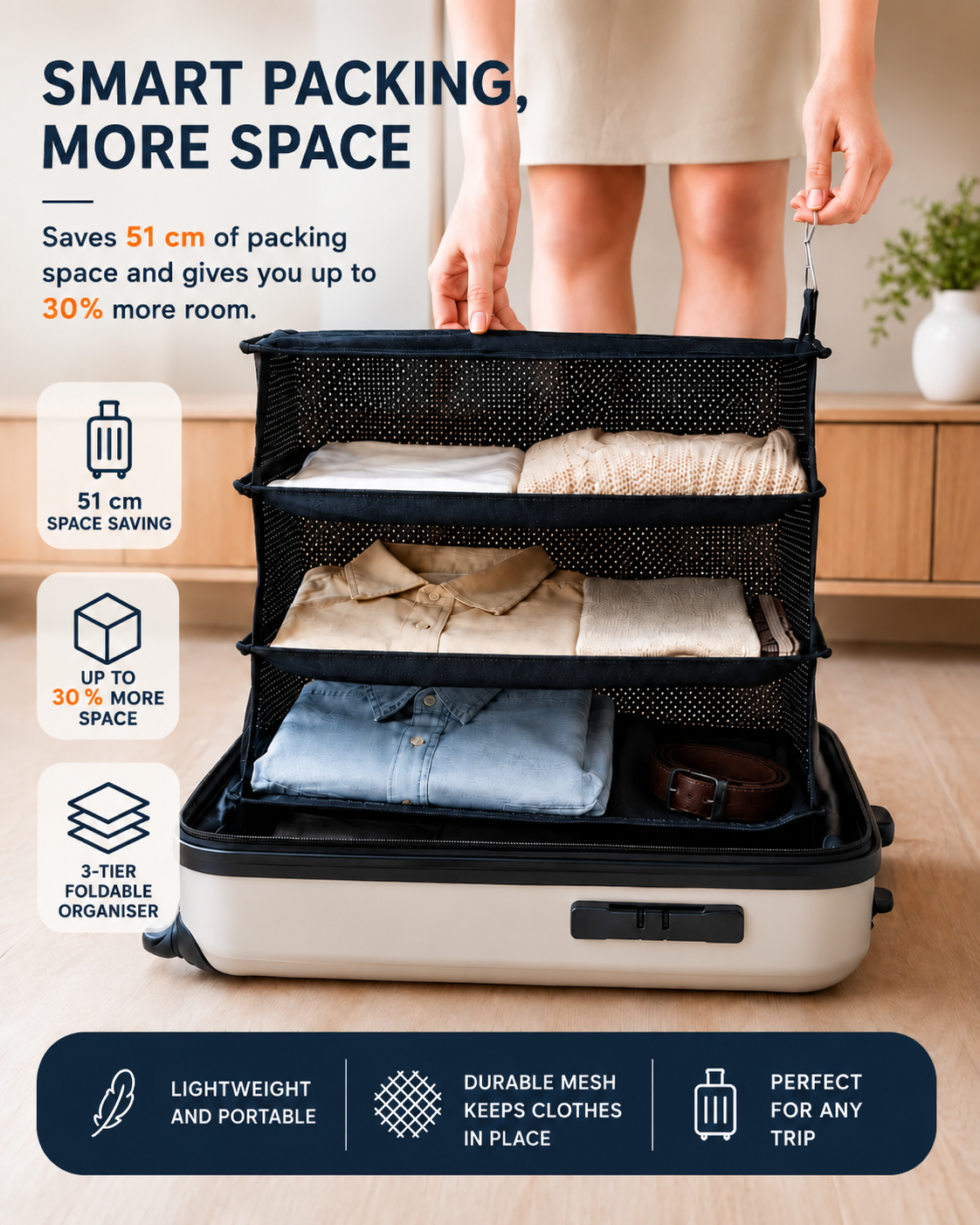Foldable Hanging Travel Shelf Organiser with 3 Shelves and Zip Pocket