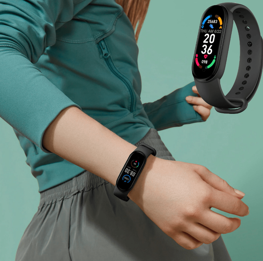 Woman in a teal jacket wearing the black band on her wrist, with a close-up inset 3