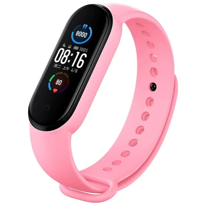 Fitness band with a pink silicone strap and a colour screen showing the time and step ring 11