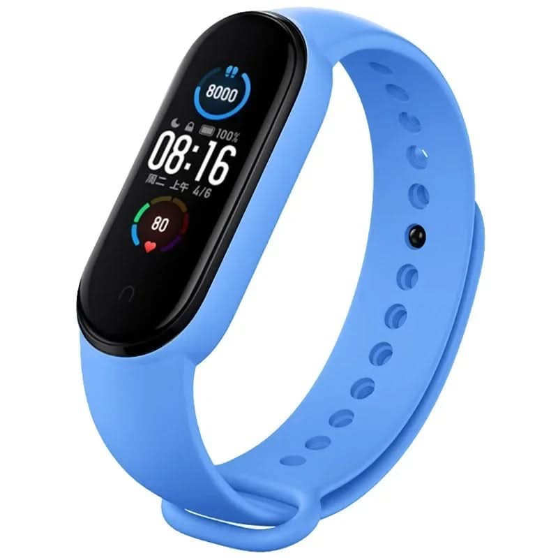 Fitness band with a blue silicone strap and a colour screen showing the time and step ring 12