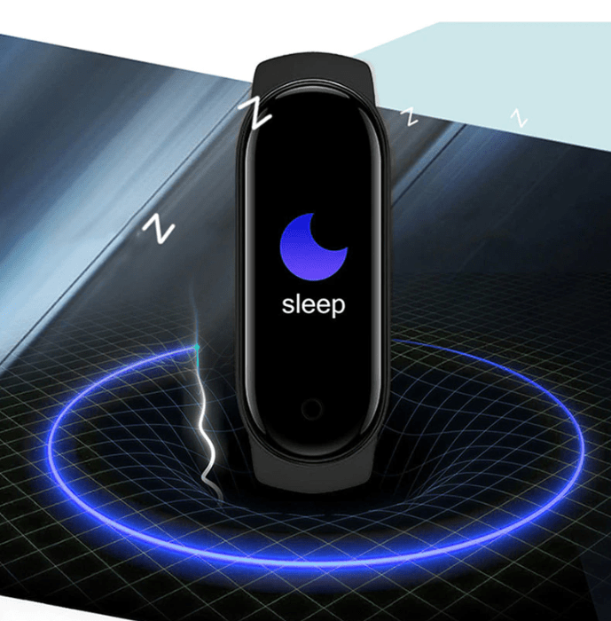 Black band upright on a glowing blue grid, its screen showing a crescent moon for sleep tracking 5