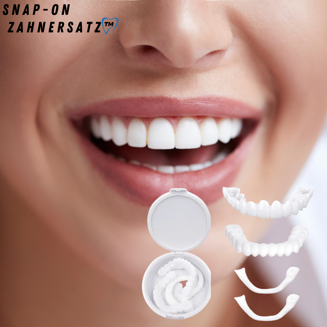 Close-up of a broad smile beside a round white storage case holding the veneers, with upper and lower sets shown separately. 2