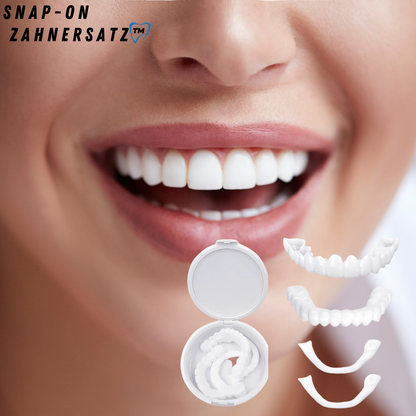 Close-up of a broad smile beside a round white storage case holding the veneers, with upper and lower sets shown separately. 2
