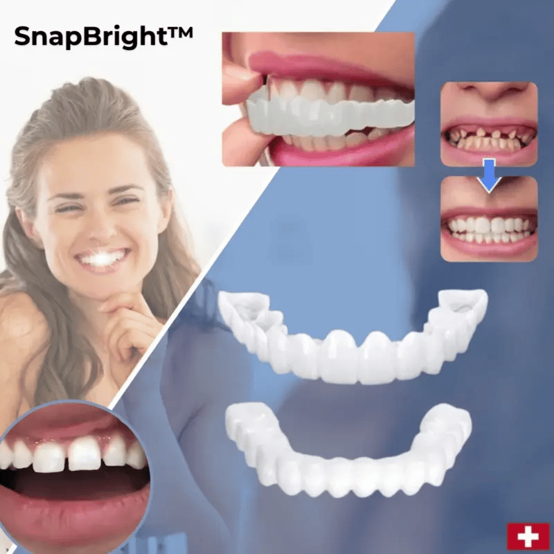 Collage of a smiling woman, an upper and lower white veneer set, and before-and-after close-ups of gappy teeth with a veneer being fitted. 1