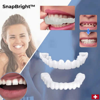 Collage of a smiling woman, an upper and lower white veneer set, and before-and-after close-ups of gappy teeth with a veneer being fitted. 1
