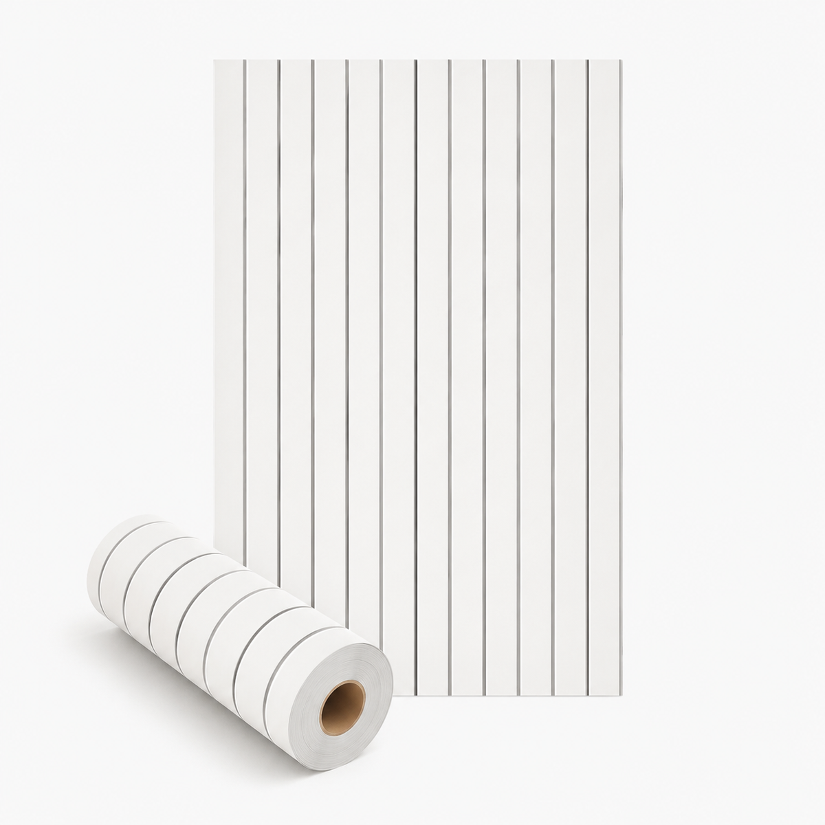Off-white slat panel with grey gaps, laid flat beside a rolled length on white 18