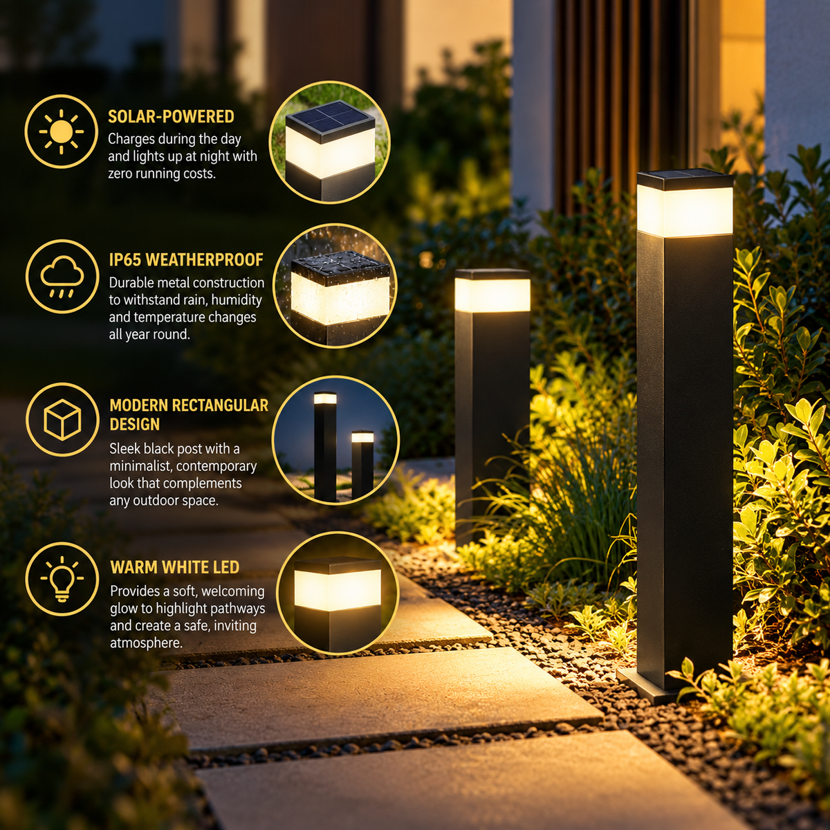 Infographic showing lit posts beside a stone path and garden, with close-up circles of the solar top, rain-splashed casing, slim design and glowing diffuser. 3