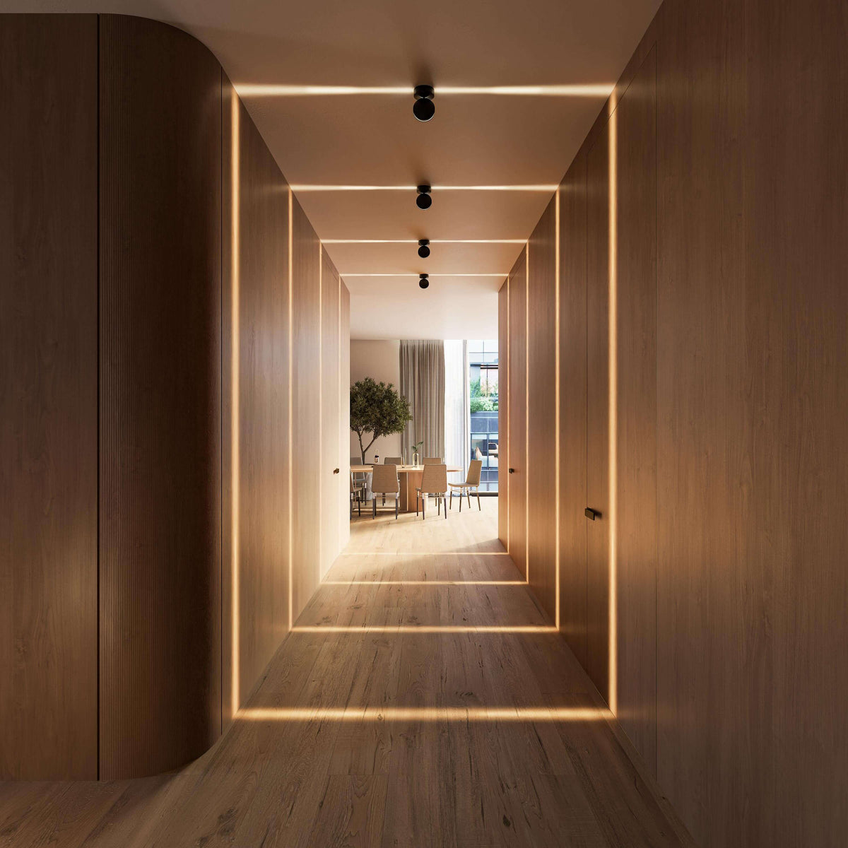 Straight-on view of a wooden corridor with black ceiling lights casting warm rectangular outlines of light on walls and floor. 16