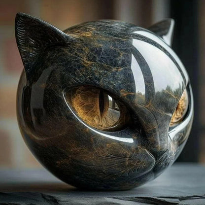 Close side view of the glossy marbled cat-head sphere with amber eye, on a slate surface 1