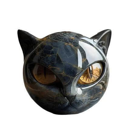 Marbled spherical cat head with glossy mirrored half and amber eyes, shown front-on against white 3
