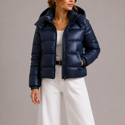 Front view of a model wearing the navy puffer jacket unzipped over a white top and trousers 2
