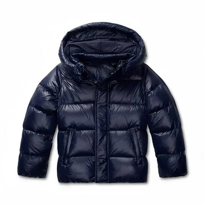 Navy glossy quilted jacket with hood, photographed flat from the front on a white background 5