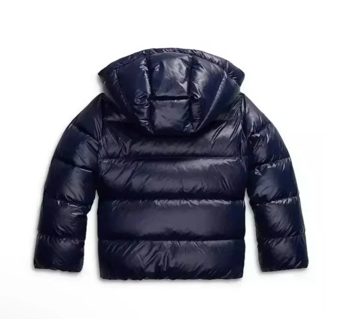 Back of the navy glossy quilted jacket, showing the hood and horizontal quilted panels 6