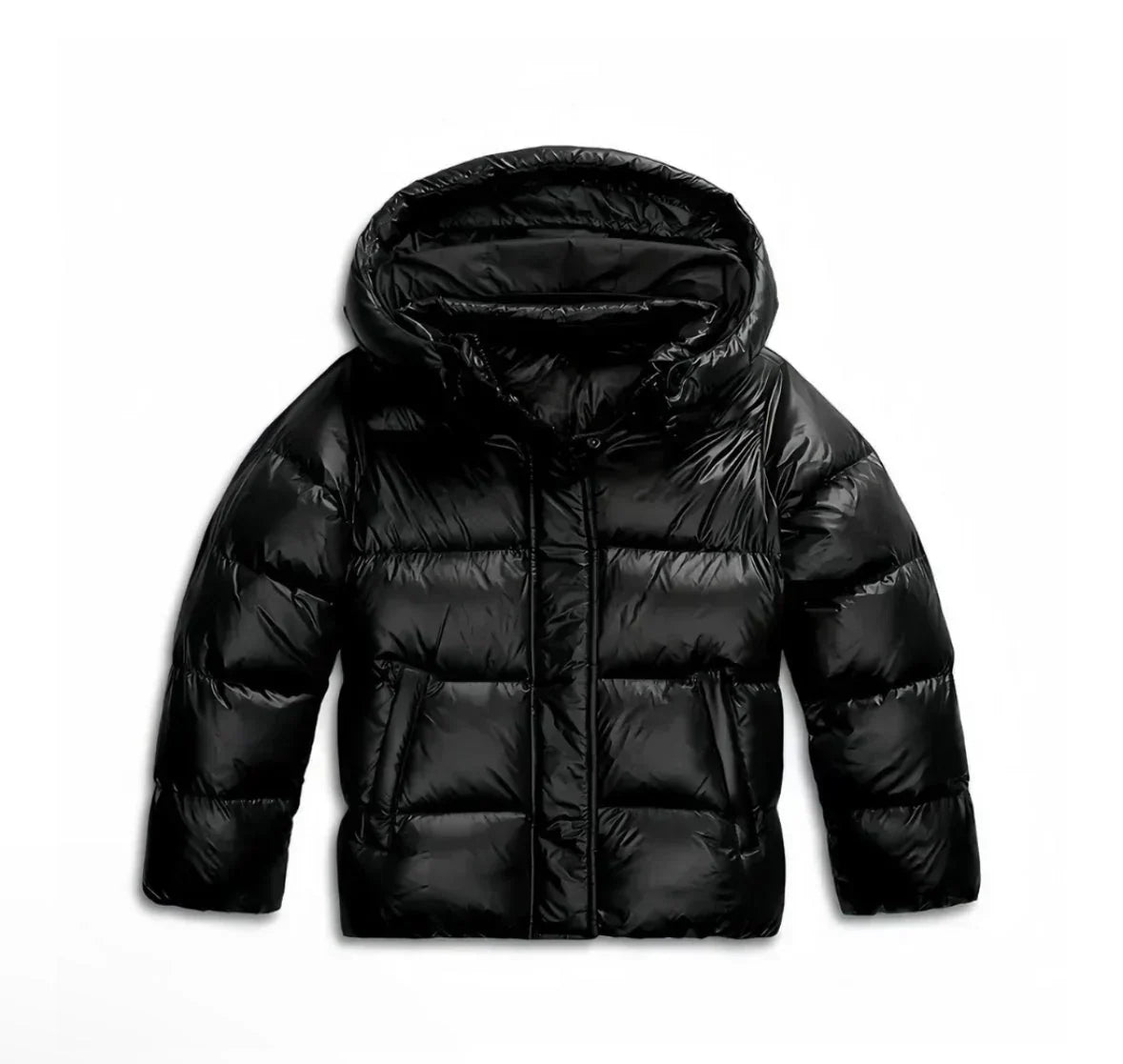 Black glossy quilted jacket with hood, photographed flat from the front on a white background 7