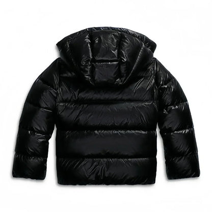 Back of the black glossy quilted jacket, showing the hood and wide horizontal quilting 8