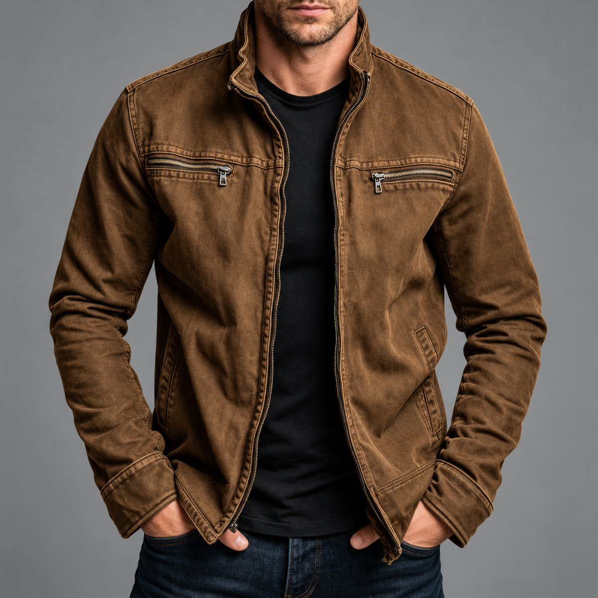 Model wearing the brown version of the jacket with a faded finish, open over a black tee 6