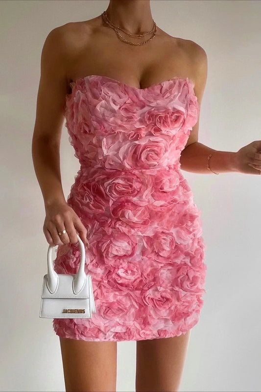 Strapless Mini Dress With 3D Rose Detailing - Kelley