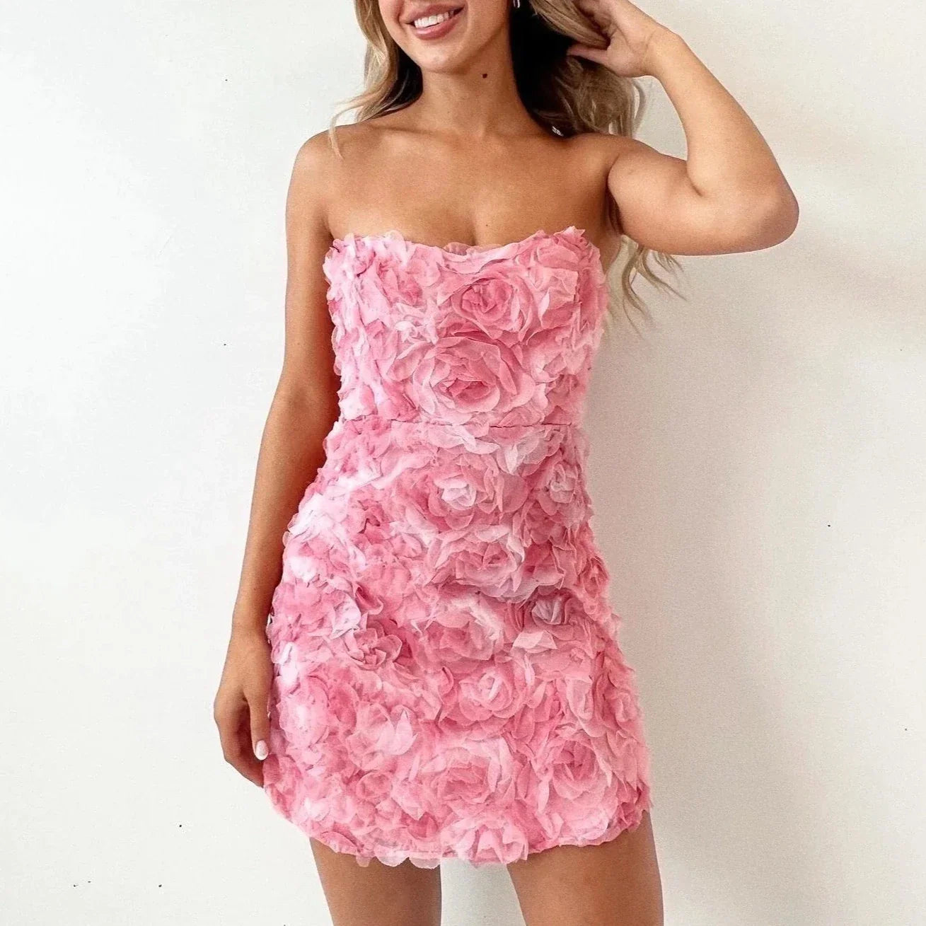 Strapless Mini Dress With 3D Rose Detailing - Kelley