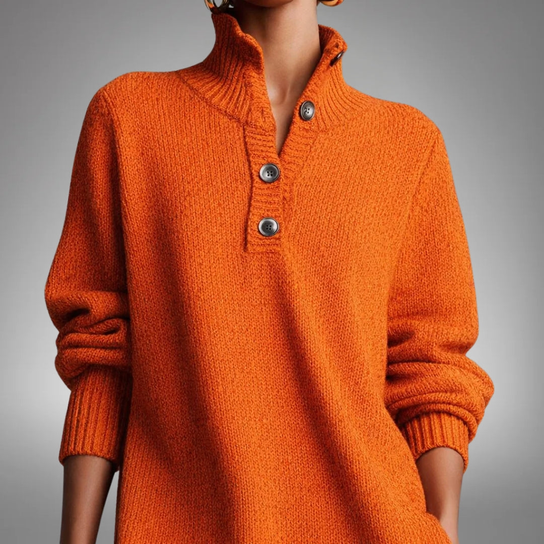 Close-up of the orange dress's ribbed mock neck, button placket and chunky knit texture 2