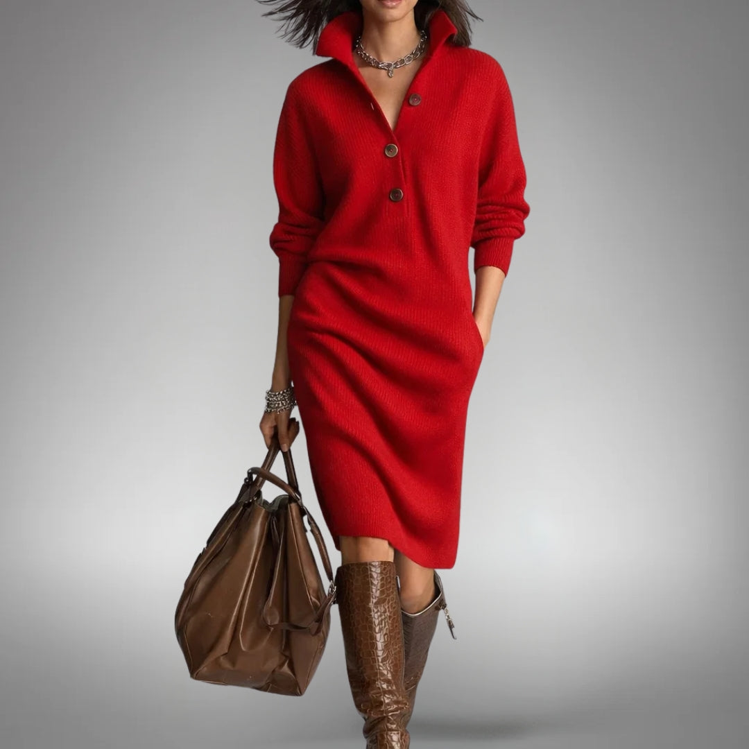 Model wearing the red knitted dress with open collar and three buttons, carrying a brown leather bag 4