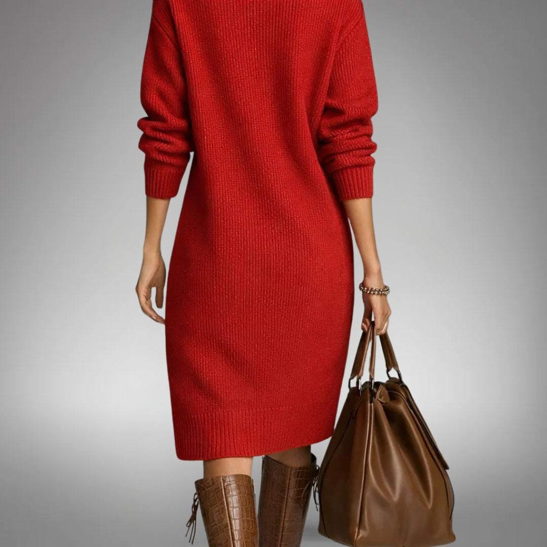 Back view of the red ribbed knit dress with ribbed cuffs and hem, with brown boots 5