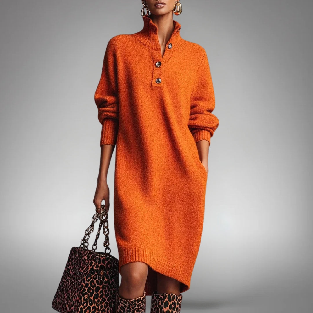 Model wearing the orange knitted dress with a leopard-print handbag and boots, hand in pocket 1