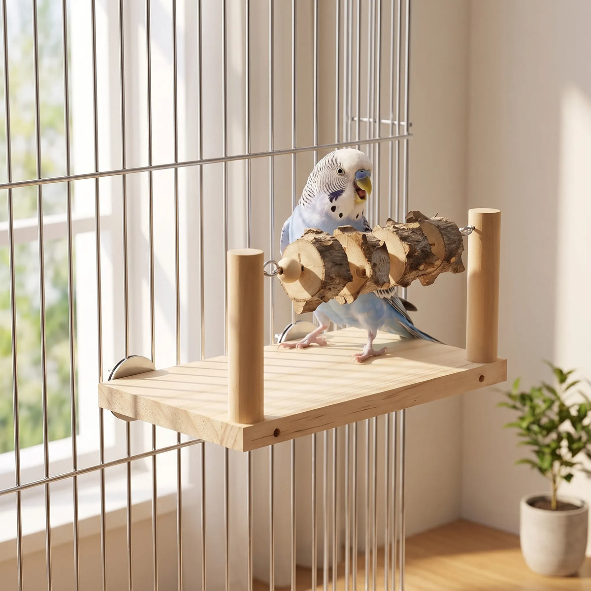 Pale blue budgerigar standing on the wooden platform fixed to a cage, beside the bark and bead rod. 2