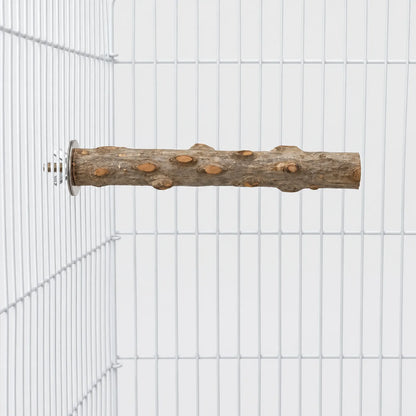 Natural wooden perch with knots and rough bark, bolted horizontally to the white wire side of a cage. 1