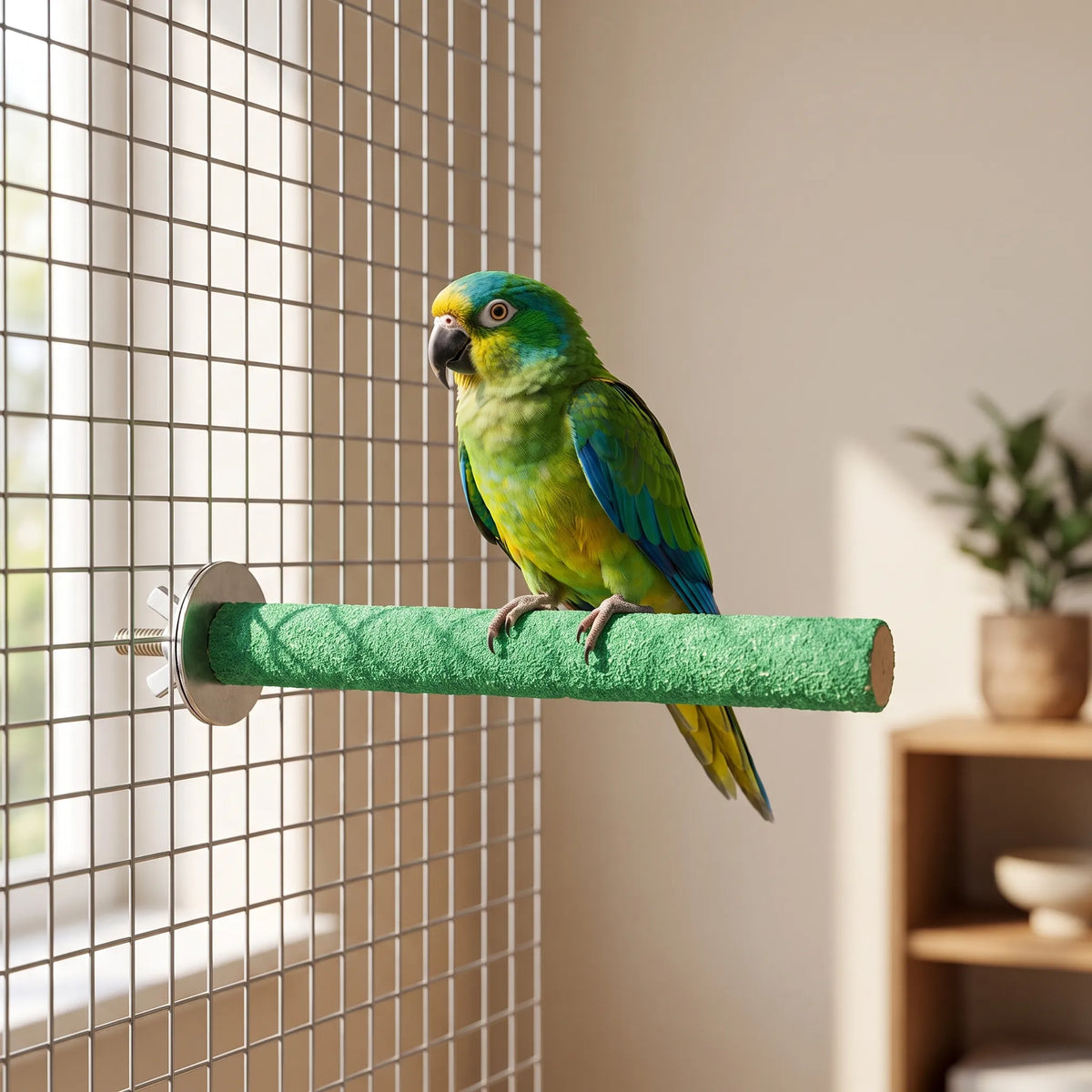 Green parrot perched on a green textured pole fixed to a wire cage panel, with a bright room behind. 2