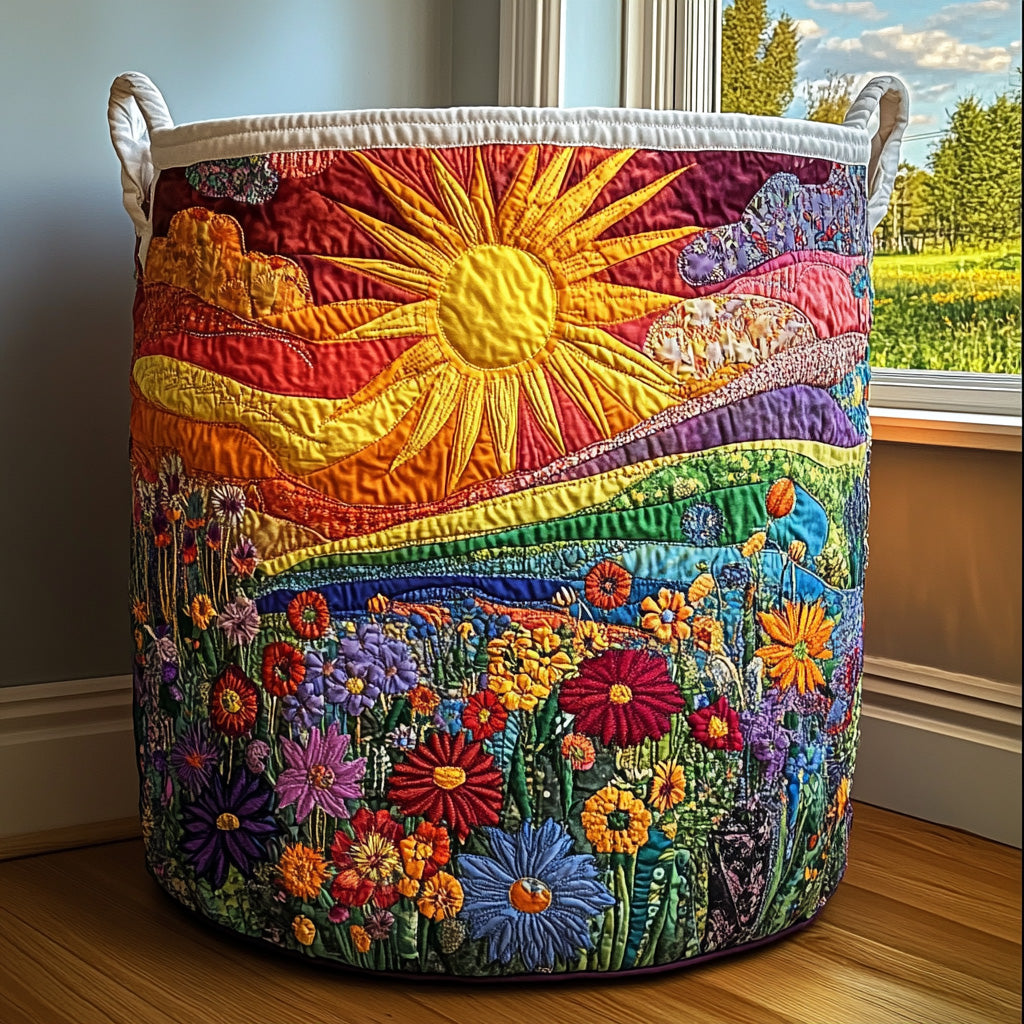Round quilted basket with cream handles and a patchwork-style design of a bright sun over rolling hills and wildflowers, standing by a sunlit window. 1