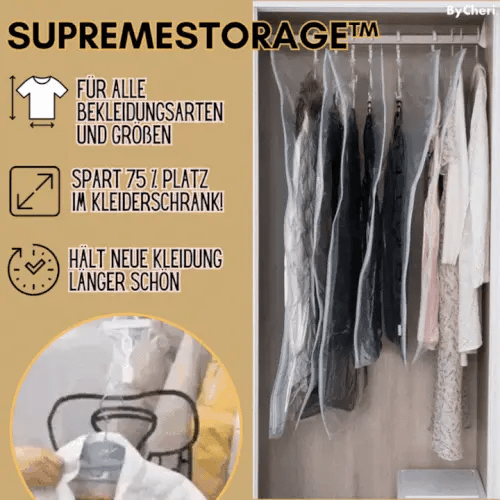Open wardrobe with clear hanging vacuum bags holding dark and light clothes beside ordinary hung garments, with a close-up of a bagged coat. 1