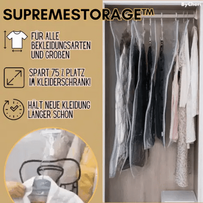 Open wardrobe with clear hanging vacuum bags holding dark and light clothes beside ordinary hung garments, with a close-up of a bagged coat. 1