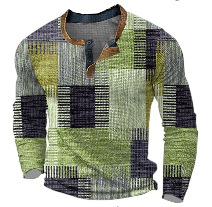 Front view of the long-sleeved Henley top in green, grey-purple and dark navy geometric blocks with contrasting tan collar trim. 2