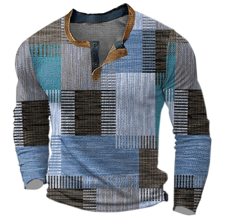 Front view of the long-sleeved Henley top in blue, teal, brown and grey geometric blocks with three-button placket and tan collar. 3
