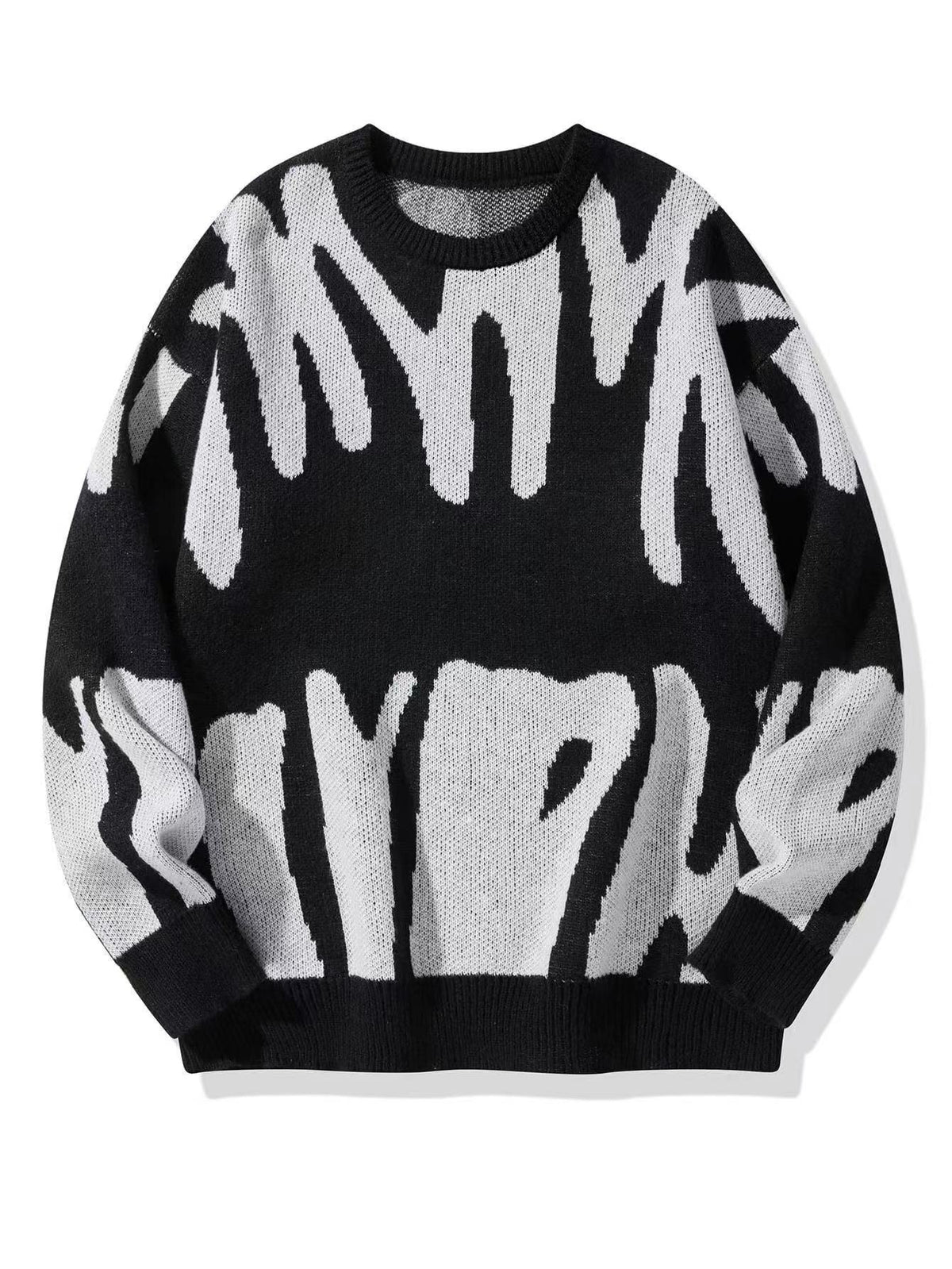 Flat-lay knit jumper in black with large white abstract pattern and ribbed trim 2